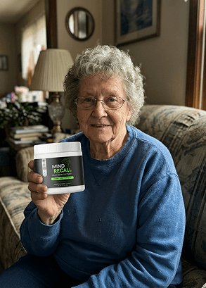 Beverly holding a bottle of mindrecall